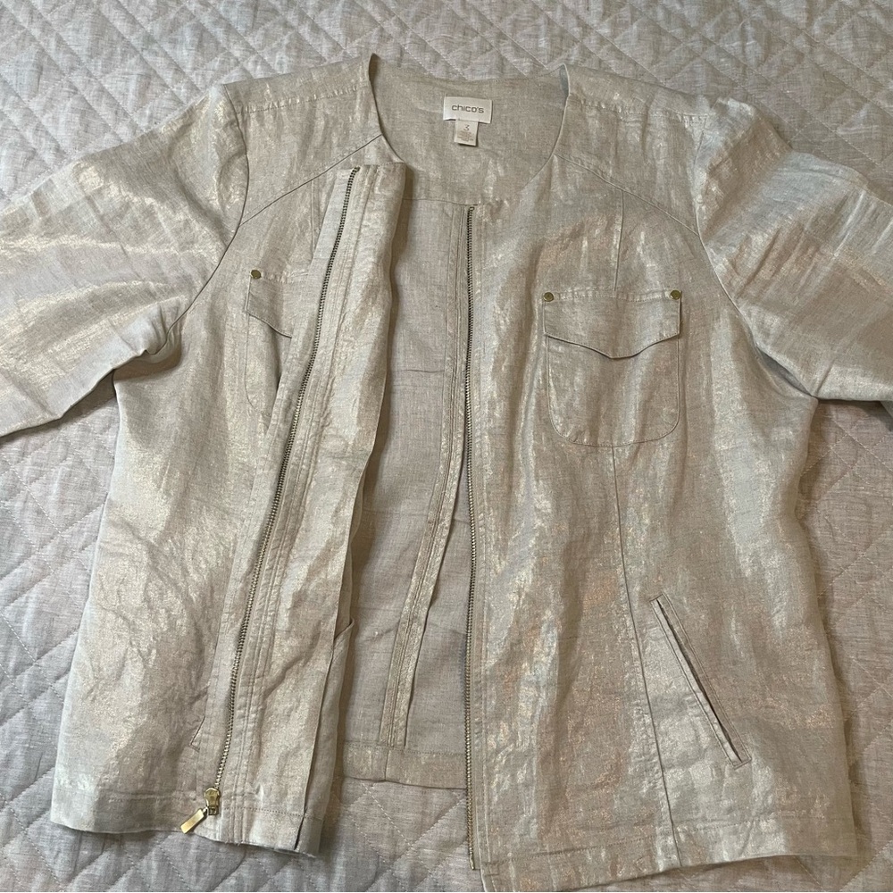 Chico’s Linen Metallic Gold Zip Up Front Jacket Size 3 / XL / 16 - Picture 11 of 16